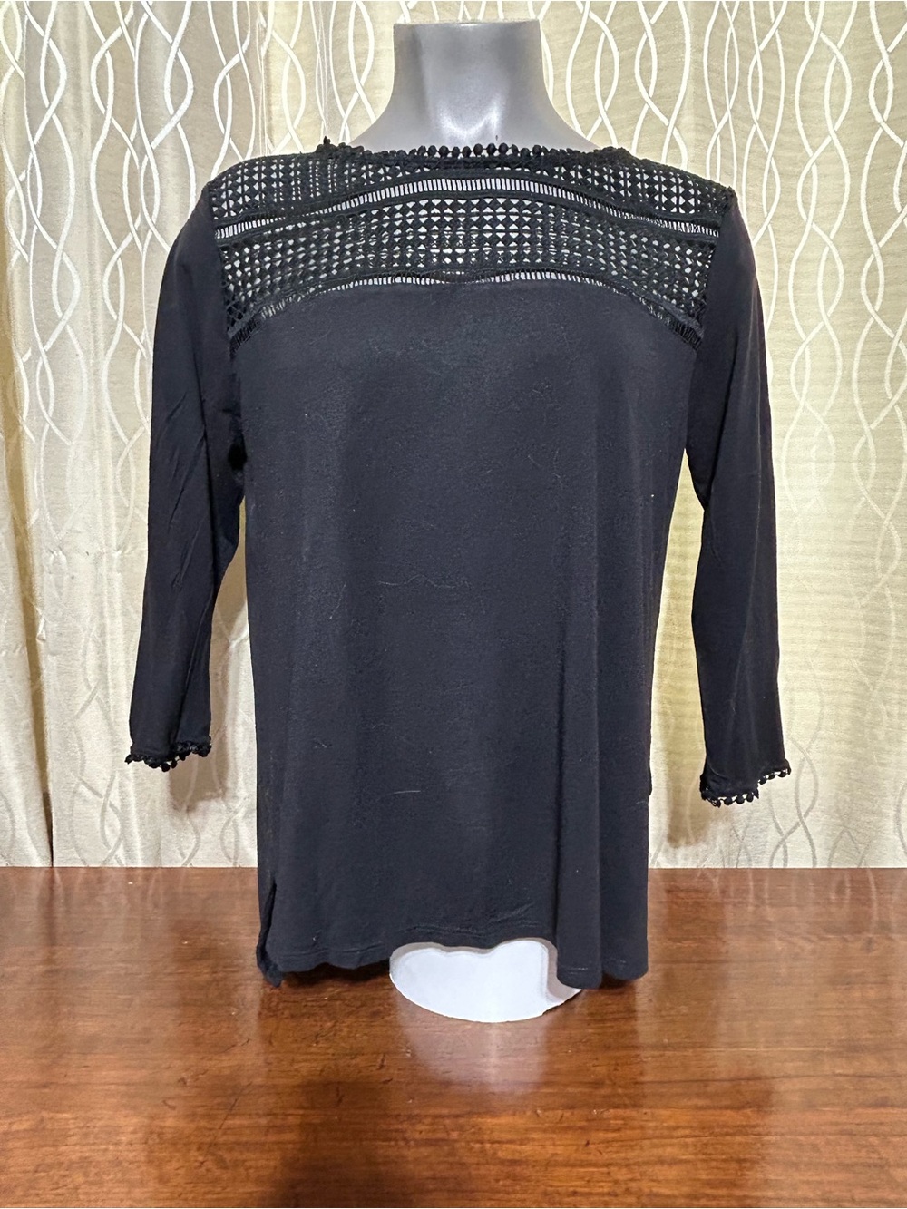 H&M Black Crochet Yoke Boatneck Top